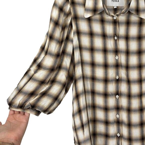 PISTOLA Ariella Plaid Button Up Puff 3/4 Sleeve Shirt Large Defined Shoulder Tan - Picture 4 of 8